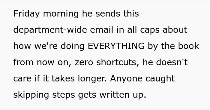Email screenshot with a department-wide message enforcing strict by the book rules, no shortcuts, and zero tolerance for skipping steps.