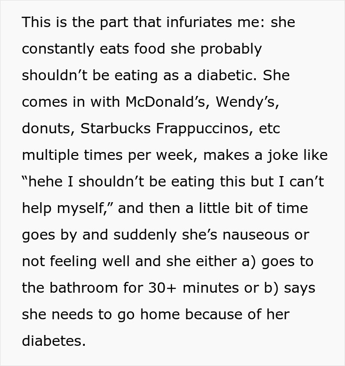 Woman eats what she shouldn&rsquo;t as a diabetic at work, causing issues and making her coworker pay the price.