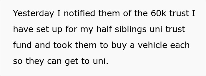 Text on screen showing a woman discussing setting up a 60k trust and gifting vehicles to stepsiblings for university.