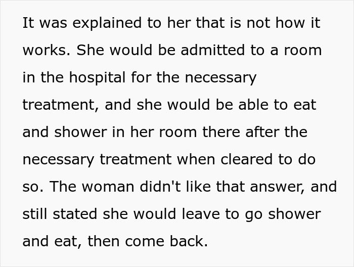 Text explaining hospital rules to a Karen patient who disagrees and threatens to leave before treatment is complete.