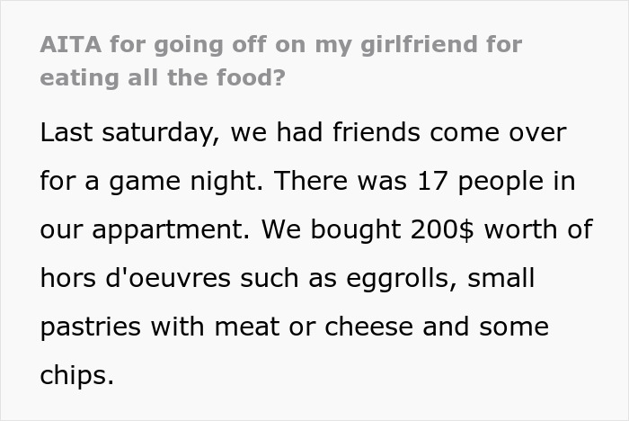 Text excerpt about a man upset with his girlfriend after she eats all the leftovers, mentioning weight gain and food conflict.