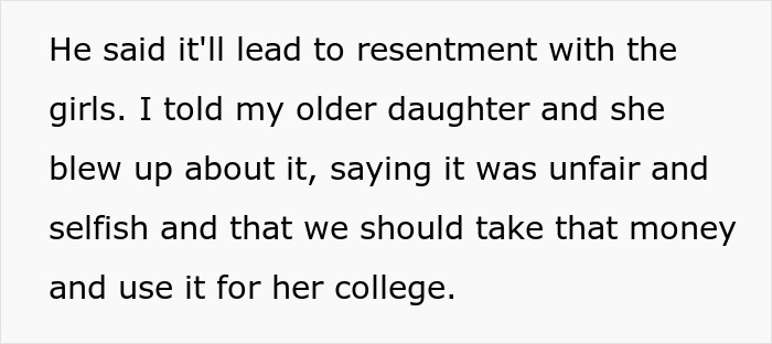 Text excerpt discussing resentment and choosing a nose job over kids college funds causing family conflict.