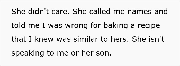 Text on a plain background describing a conflict where a woman bakes her boyfriend’s mom’s secret cookies recipe causing tension. Text on a plain background describing a conflict where a woman bakes her boyfriend’s mom’s secret cookies recipe causing tension.