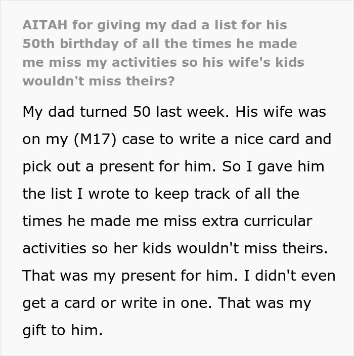 Alt text: Teen gives father a reality check on his 50th birthday by listing missed activities as a gift opening his eyes.