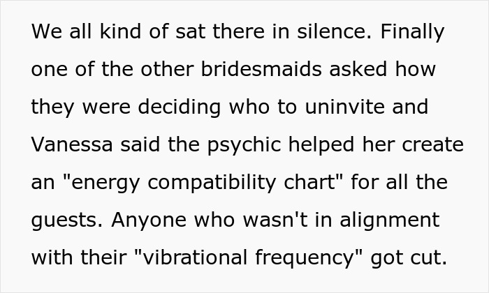 Text excerpt describing a spiritual bride using a psychic&rsquo;s energy compatibility chart to uninvite guests before her wedding.