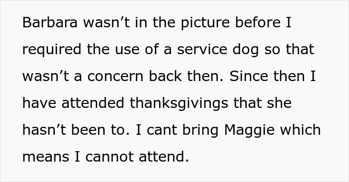 Woman with service dog navigating Thanksgiving drama, facing challenges attending family gatherings due to dog restrictions.
