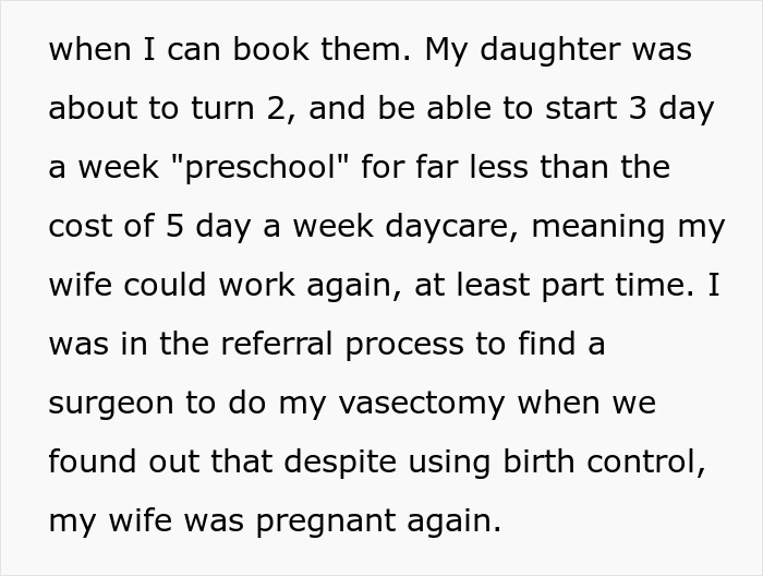 Text excerpt about a father struggling to afford Christmas after unexpected pregnancy affecting family plans.