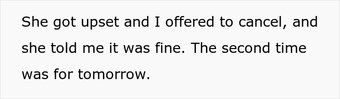 Text from a conversation showing a person explaining an offer to cancel babysitting plans after someone got upset.