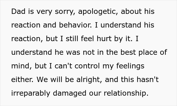 Text about dad feeling sorry and hurt in a mom affair college money family situation, reflecting complex emotions.