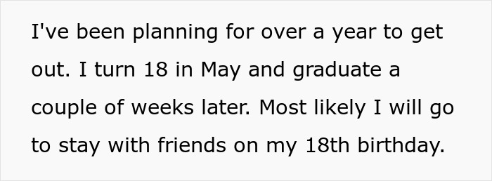 Text excerpt showing a teen planning to stop babysitting step-siblings upon turning 18 and graduating soon.