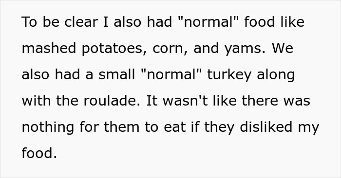 Text excerpt about Thanksgiving dinner food choices, highlighting in-laws making fun of a woman's meal. Text excerpt about Thanksgiving dinner food choices, highlighting in-laws making fun of a woman's meal.
