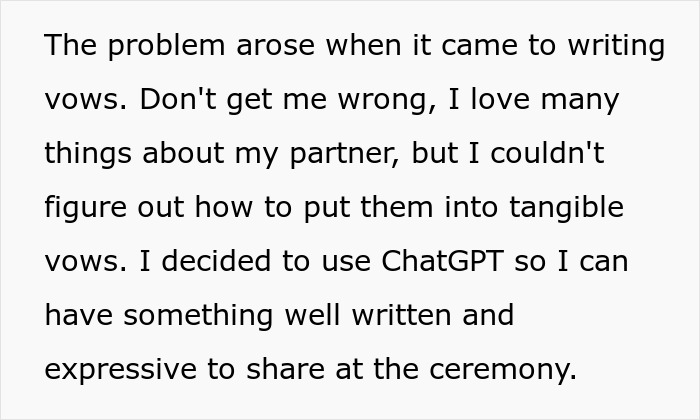 Man explains using ChatGPT to write wedding vows but faces issues when bride runs away from the altar during the ceremony.