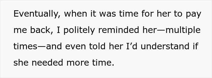 Text excerpt showing a polite reminder of repayment after a friend's unexpected loyalty test in a longtime friendship.