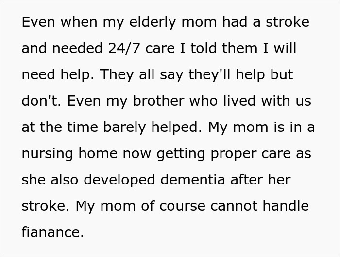 Text excerpt discussing family caregiving challenges and lack of support, highlighting sister wedding money culture conflicts.