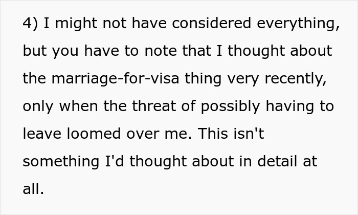 Text excerpt discussing thoughts on marriage-for-visa amid the threat of leaving US for new life in France.