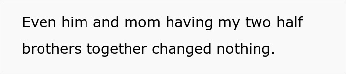 Text image with a statement about family dynamics involving stepdad, mom, and two half brothers.