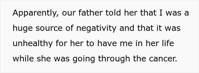 Text on screen about a father calling his daughter a source of negativity during her cancer battle in a family dispute context.