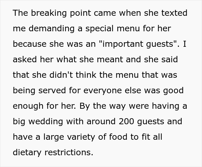 Text excerpt from a bride explaining her controlling mother-in-law demanding a special wedding meal different from other guests. Text excerpt from a bride explaining her controlling mother-in-law demanding a special wedding meal different from other guests.