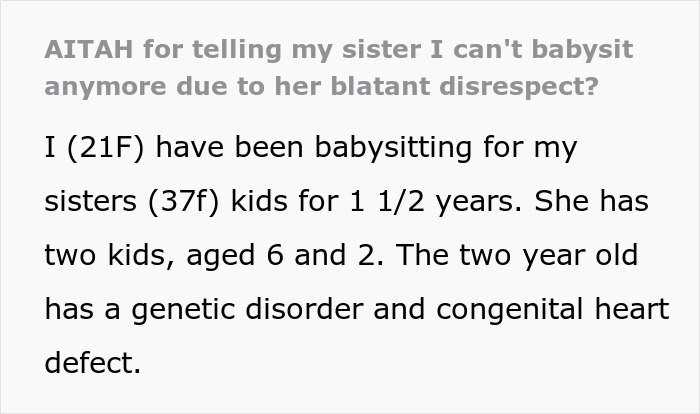 Text post about a lady expecting free babysitting on demand and her younger sister refusing after years of caregiving.