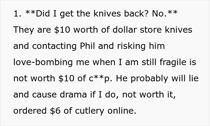 Text excerpt about buying knives from a dollar store and ordering cutlery online amidst relationship drama.