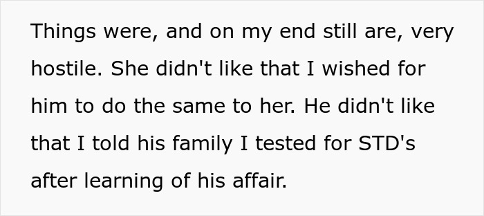 Text excerpt about a cheating husband’s affair and fallout, focusing on hostility and testing for STDs. Text excerpt about a cheating husband’s affair and fallout, focusing on hostility and testing for STDs.