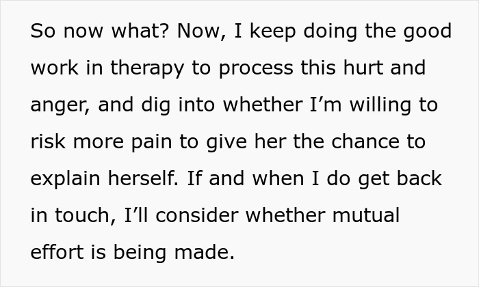 Text discussing therapy and emotional processing after best friend no contact returns, considering mutual effort to reconnect.
