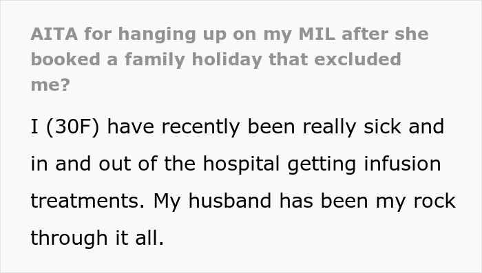 Text excerpt about a woman purposely excluded from family holiday due to being sick, causing conflict with her mother-in-law. Text excerpt about a woman purposely excluded from family holiday due to being sick, causing conflict with her mother-in-law.