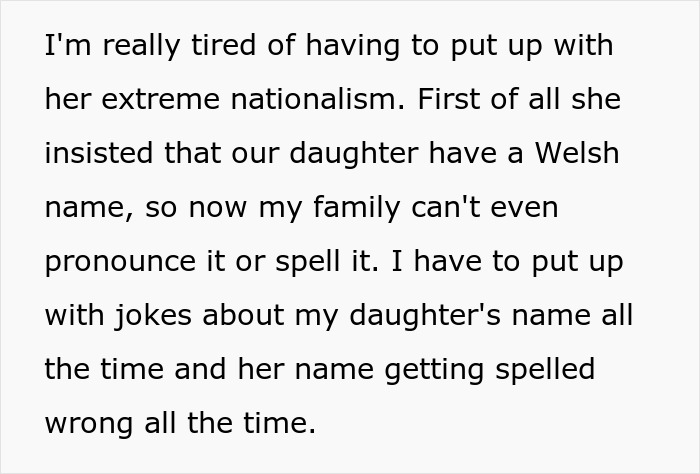 Text excerpt showing a dad frustrated with his daughter's Welsh name and banning her from using mom&rsquo;s native language.