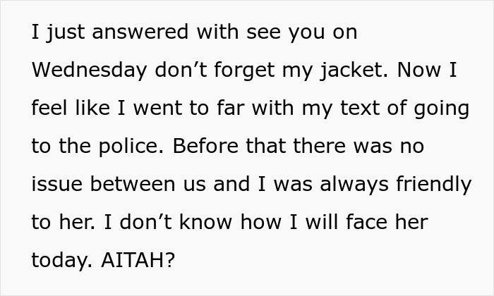 Text message conversation about refusing to return a coworker&rsquo;s expensive jacket, causing workplace tension.