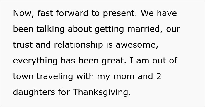 Text excerpt describing a woman traveling with her mom and daughters on vacation, mentioning trust in relationship and boyfriend cheating.