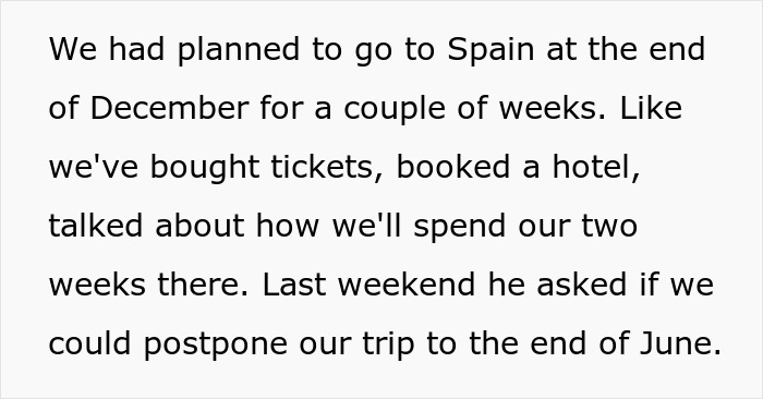 Text excerpt about a family vacation plan change due to husband prioritizing business, wife considering a solo trip.