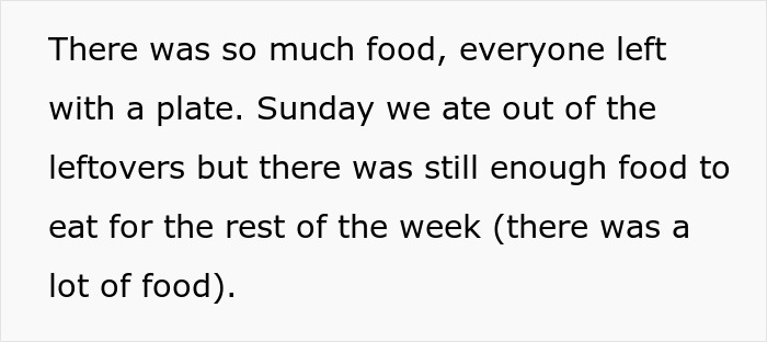 Text excerpt discussing leftover food remaining after a large meal, relating to gaining weight and relationship tension.