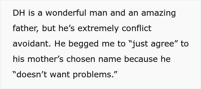 Text discussing a new mom fighting for her own heritage against MIL demands over baby&rsquo;s name while recovering.