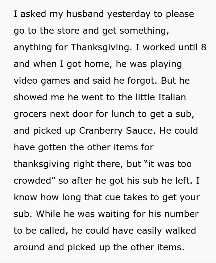 Text excerpt showing a wife explaining her husband can't handle the pressure of buying a few things for Thanksgiving.
