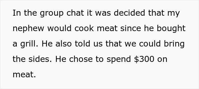 Group chat message about refusing to bring expensive food for Thanksgiving after nephew spends $300 on meat.