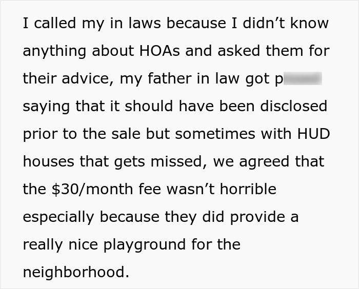 Text excerpt discussing HOA fees, disclosure issues in home sales, and neighborhood playground benefits with HOA president conflict context.