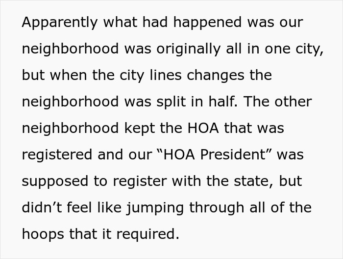 Man confronting stalkerish HOA president, uncovering secrets, and taking action in court after neighborhood split issues.