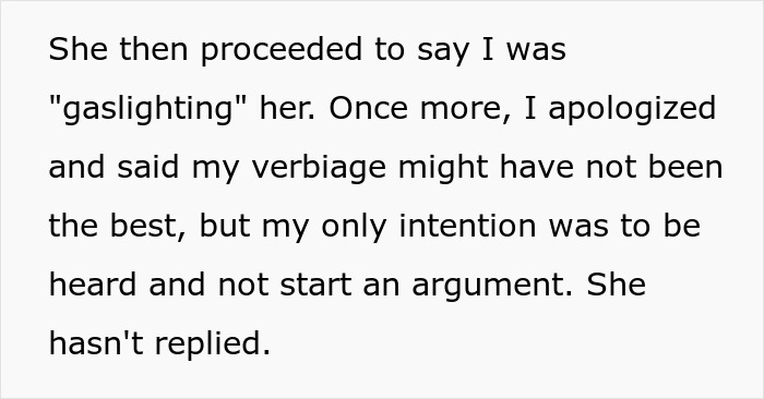 Text excerpt about a lady expecting free babysitting on demand for years and sister refusing to continue.