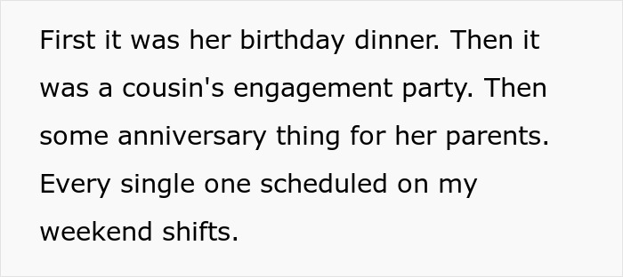 Text excerpt describing family events being scheduled on workdays by future MIL, causing her to stop attending.