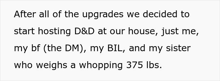 Text showing a sister weighing 375 lbs upset over a separate $100 chair her sibling bought for her.