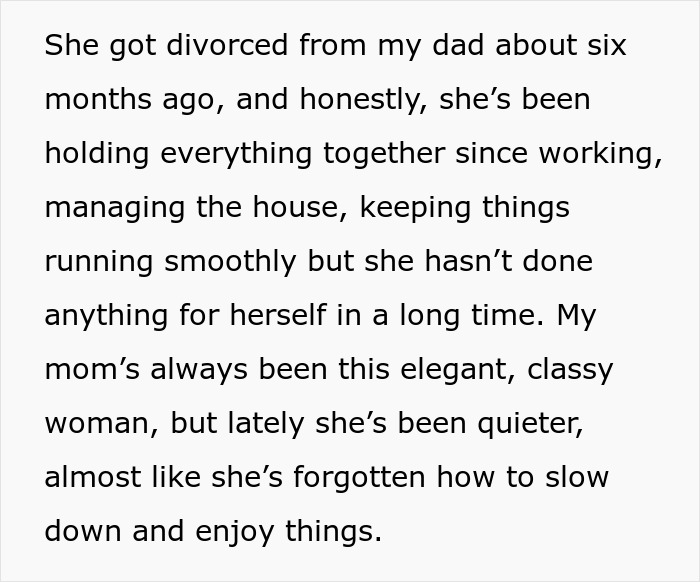 Text describing a teen&rsquo;s recently divorced mom struggling to enjoy life while managing housework and responsibilities.