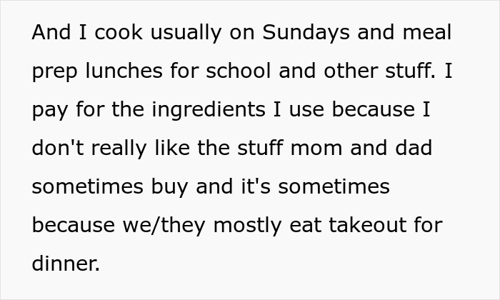 Text excerpt about cooking and meal prep, highlighting the golden child sibling's entitlement to free meals conflict.