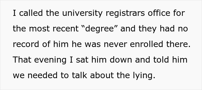 Wife discovers husband lied about getting a master&rsquo;s degree after checking with university registrar&rsquo;s office.