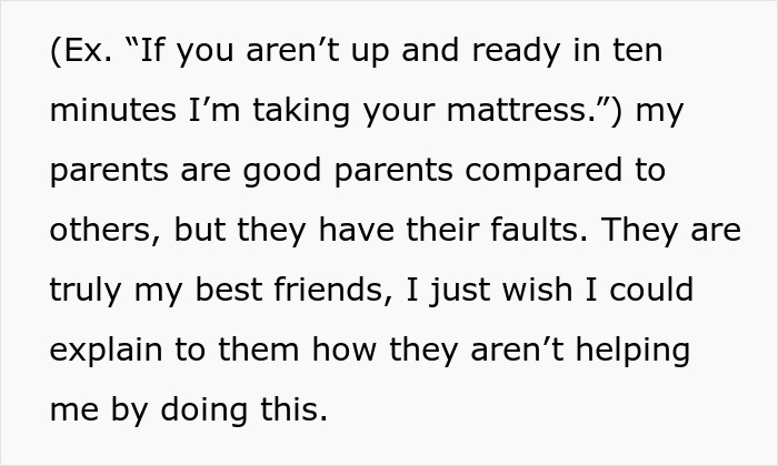 Text excerpt about parents removing mattress to address daughter's depression, calling her lazy for sleeping in. Text excerpt about parents removing mattress to address daughter's depression, calling her lazy for sleeping in.