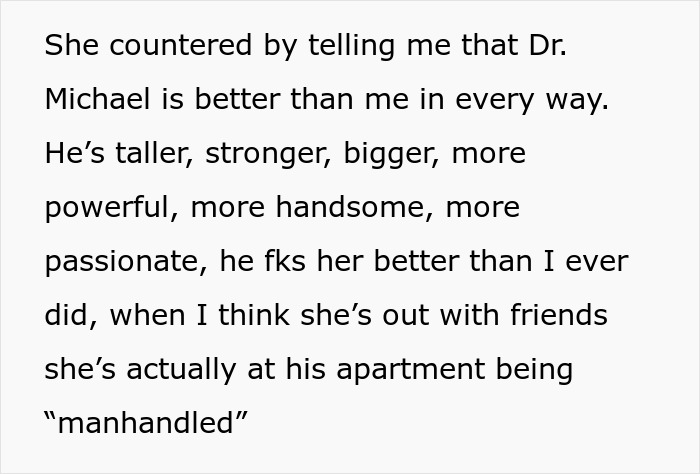 Text discussing a wife finding someone else after husband refuses intimacy for five years, comparing partners.