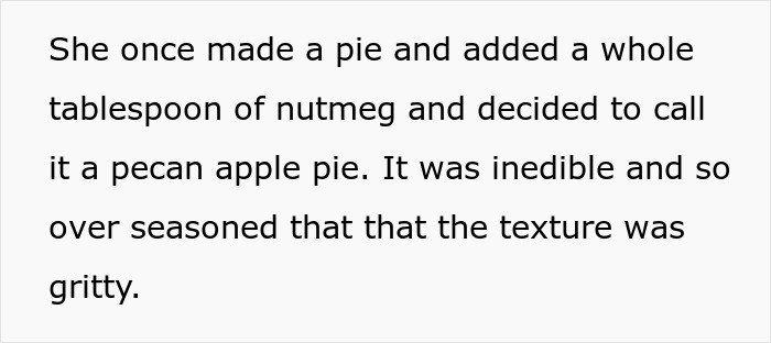 Text describing MIL&rsquo;s cooking being so bad and hazardous that a pregnant woman wants to skip Thanksgiving due to inedible pie.