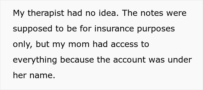 Alt text: Woman shocked to discover her mom spied on her therapy sessions through the insurance account access.