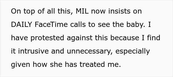 Text excerpt about MIL demanding daily FaceTime calls to see baby during new mom&rsquo;s recovery, reflecting cultural heritage conflict.