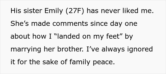 Text excerpt describing sister-in-law conflict, highlighting tension and family peace despite accusations of being a gold digger.