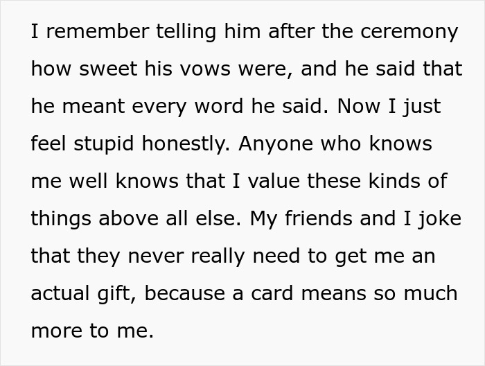 Text excerpt about the groom’s vows making the wife emotional, unsure how to feel after learning how he wrote them. Text excerpt about the groom’s vows making the wife emotional, unsure how to feel after learning how he wrote them.